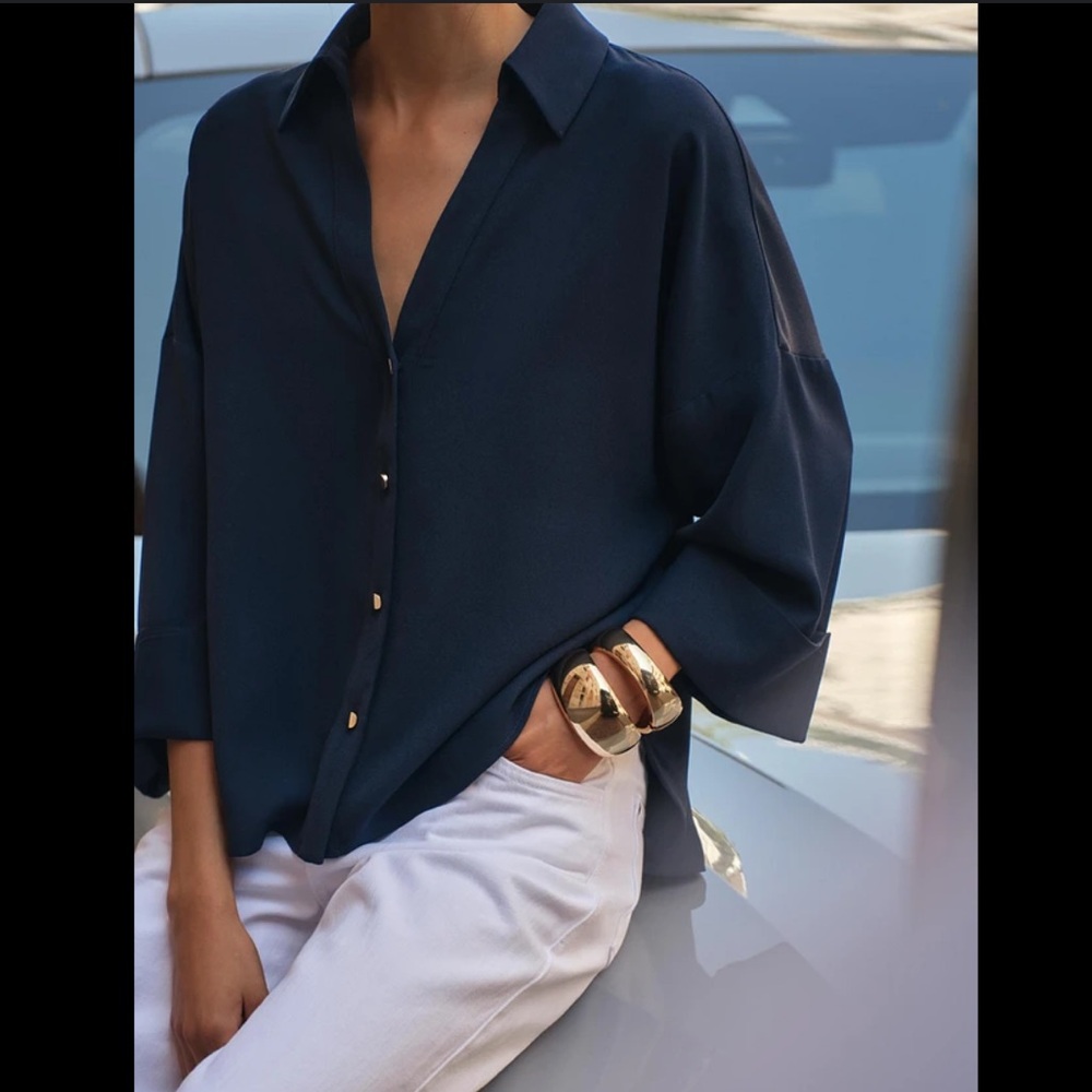 Zara Navy Oversized Button Down Blouse size XS